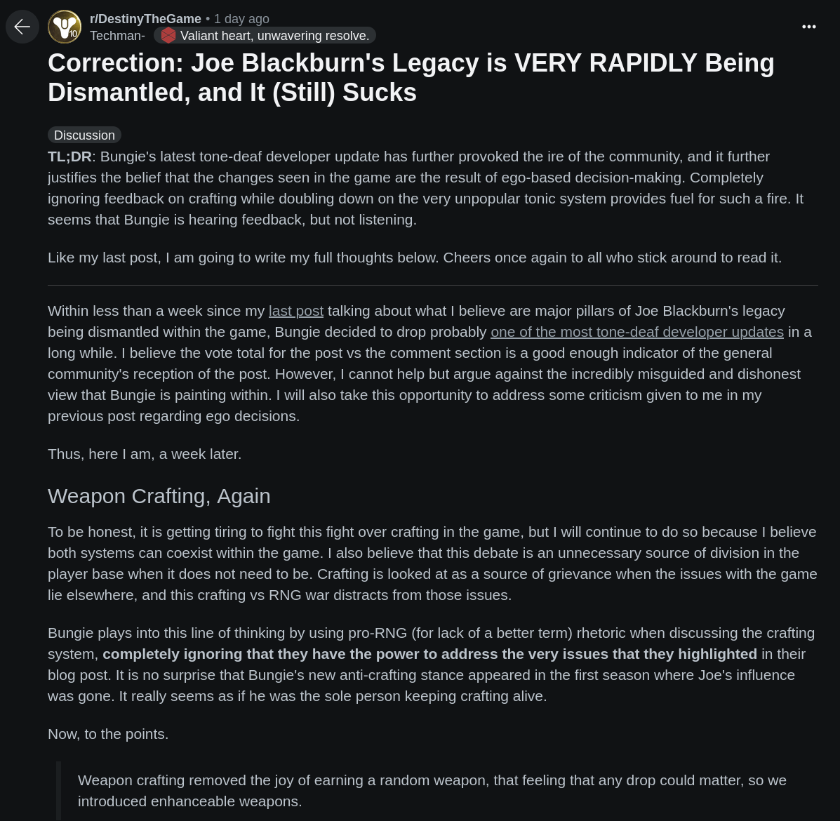 A reddit post about Destiny 2.